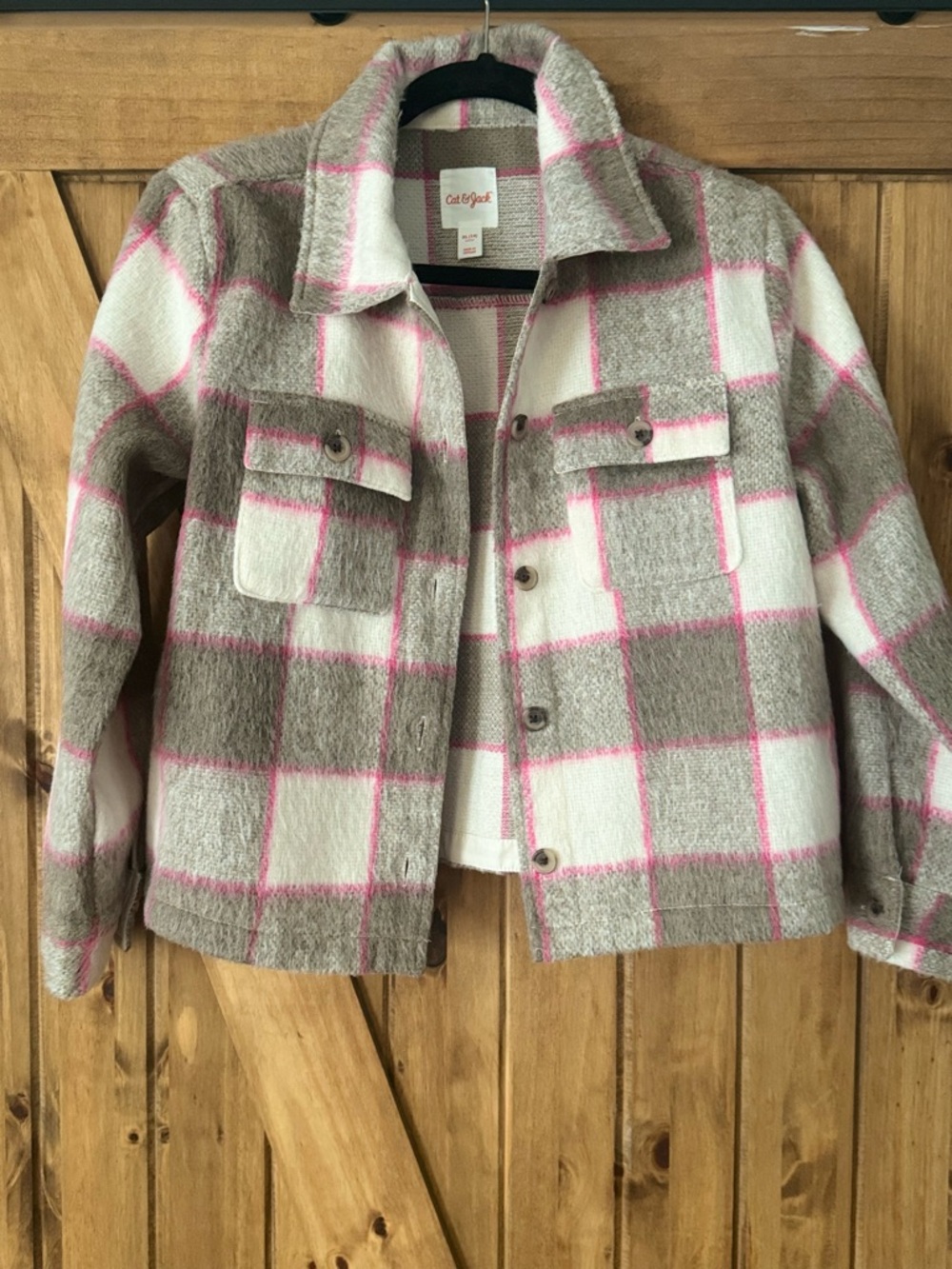 Cat & Jack Taupe, White & Pink Plaid Shacket